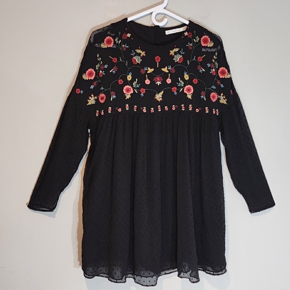 Zara Floral Embroidered Babydoll Mini Dress Size Small - Picture 2 of 8